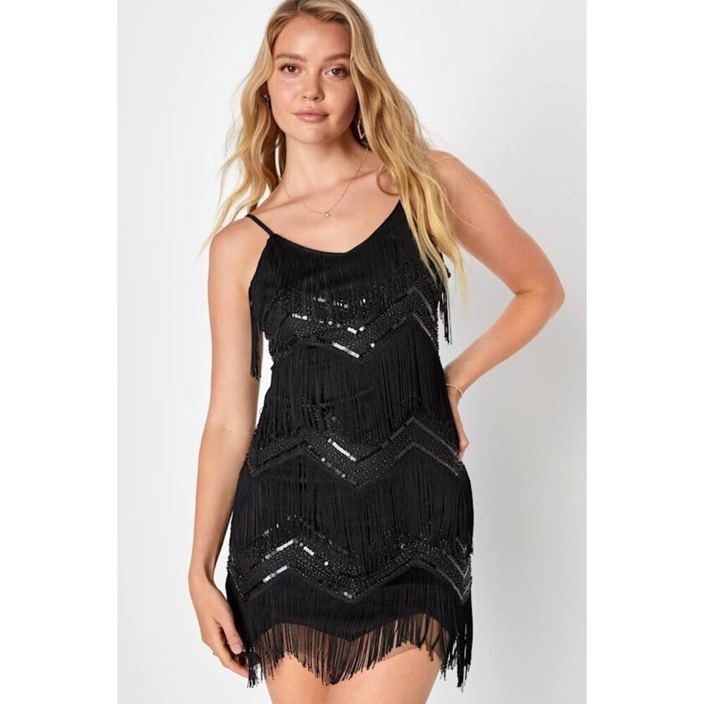 Lulus Shake It Off Black Sequin Fringe Sleeveless Mini Dress - Size S